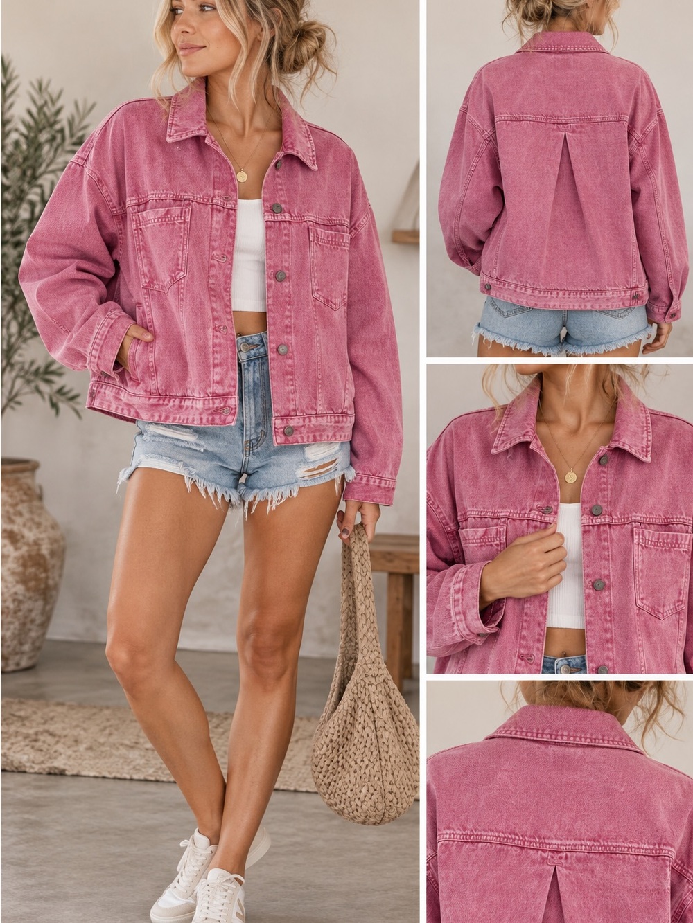 We The Free Free People Pink Denim Jacket Oversized XS 100% Cotton